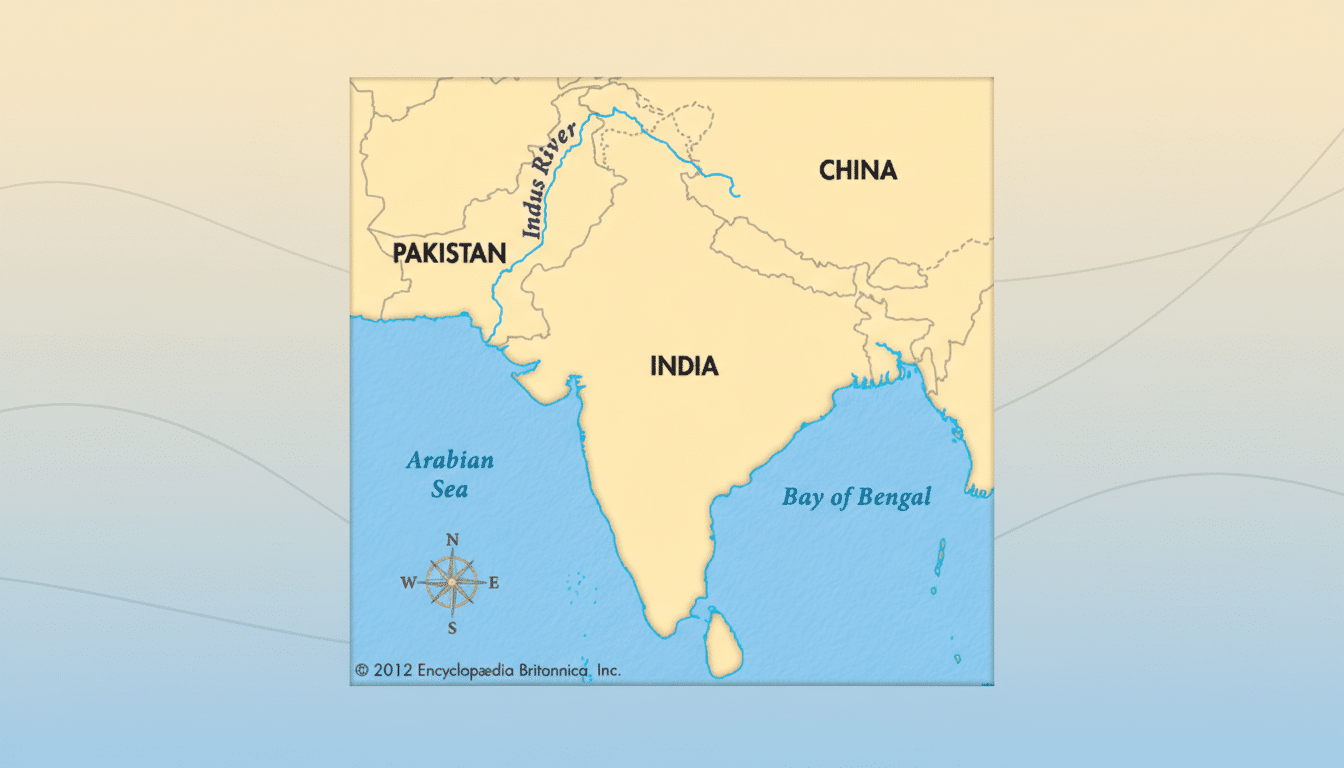 A map showing the Indus River flowing through Pakistan and India, with China to the north. The map is set against a professional flat design background with soft patterns and gradients.