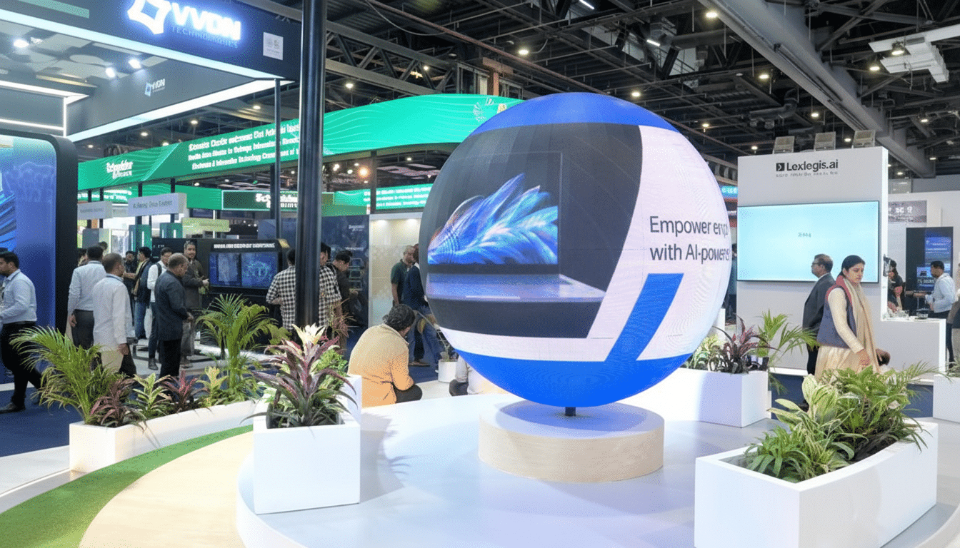 A large spherical display at a technology exhibition, showcasing a laptop with a vibrant blue and pink graphic on its screen and the text Empower emp with AI-power. The display is surrounded by potted plants and people are visible in the background, walking around the exhibition hall.