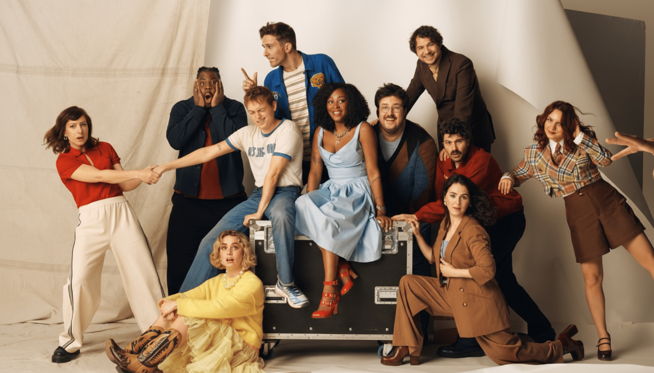 A group of diverse individuals posing together in a studio setting.