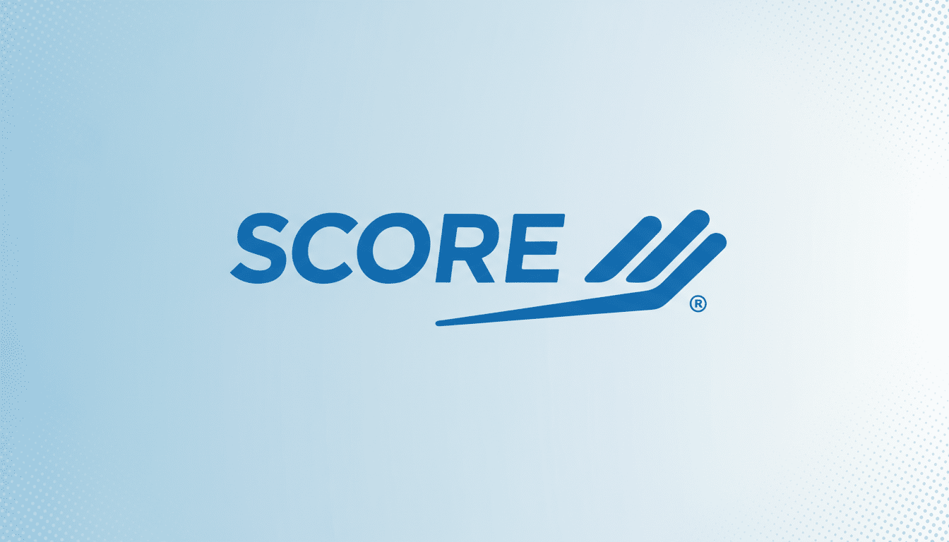 The SCORE logo, featuring the word SCORE in blue with a stylized blue graphic resembling three upward strokes and a swoosh underneath, set against a professional light blue and white gradient background with subtle dot patterns.