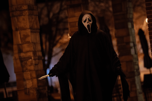 Ghostface from Scream holding a knife, standing in a dark, brick archway.