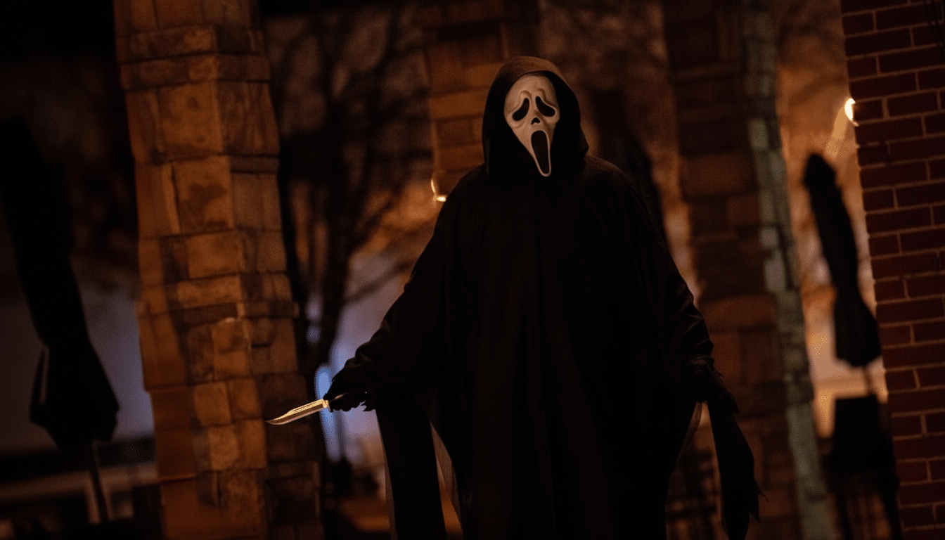 Ghostface from Scream holding a knife, standing in a dark, brick archway.