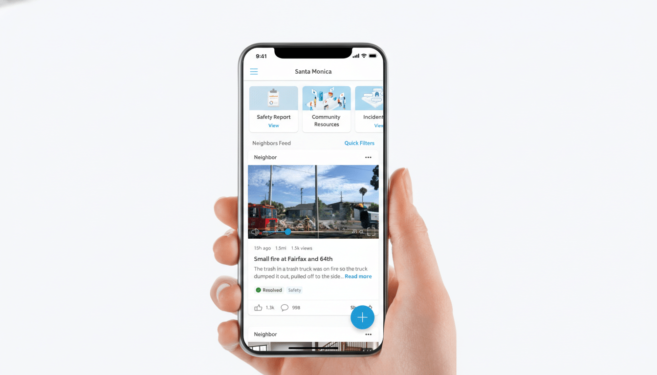 A hand holding a smartphone displaying a Neighbors Feed app with a video of a small fire and various community safety features.