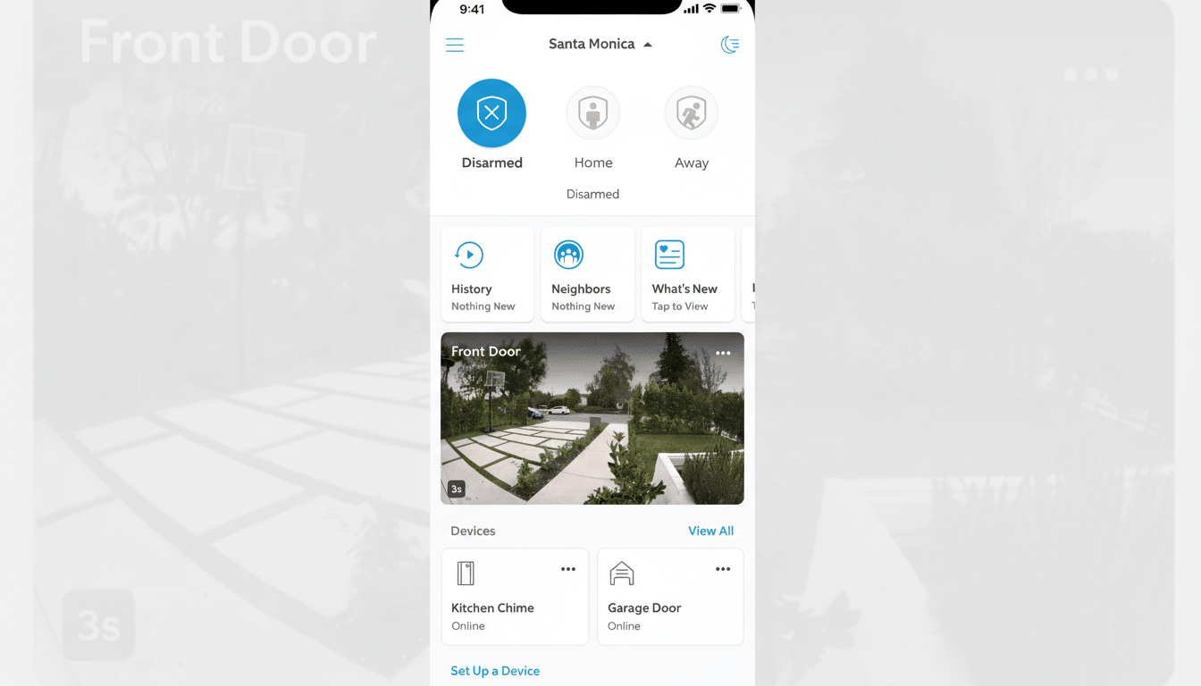 A mobile app interface showing security controls and device statuses, with a live view of a front door area. The image has been resized to a 16:9 aspect ratio with a subtle, professional background.