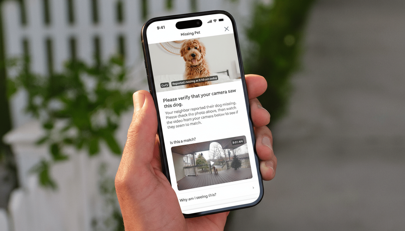 A hand holding a smartphone displaying a Missing Pet notification with an image of a dog named Curly and a video feed from a security camera.