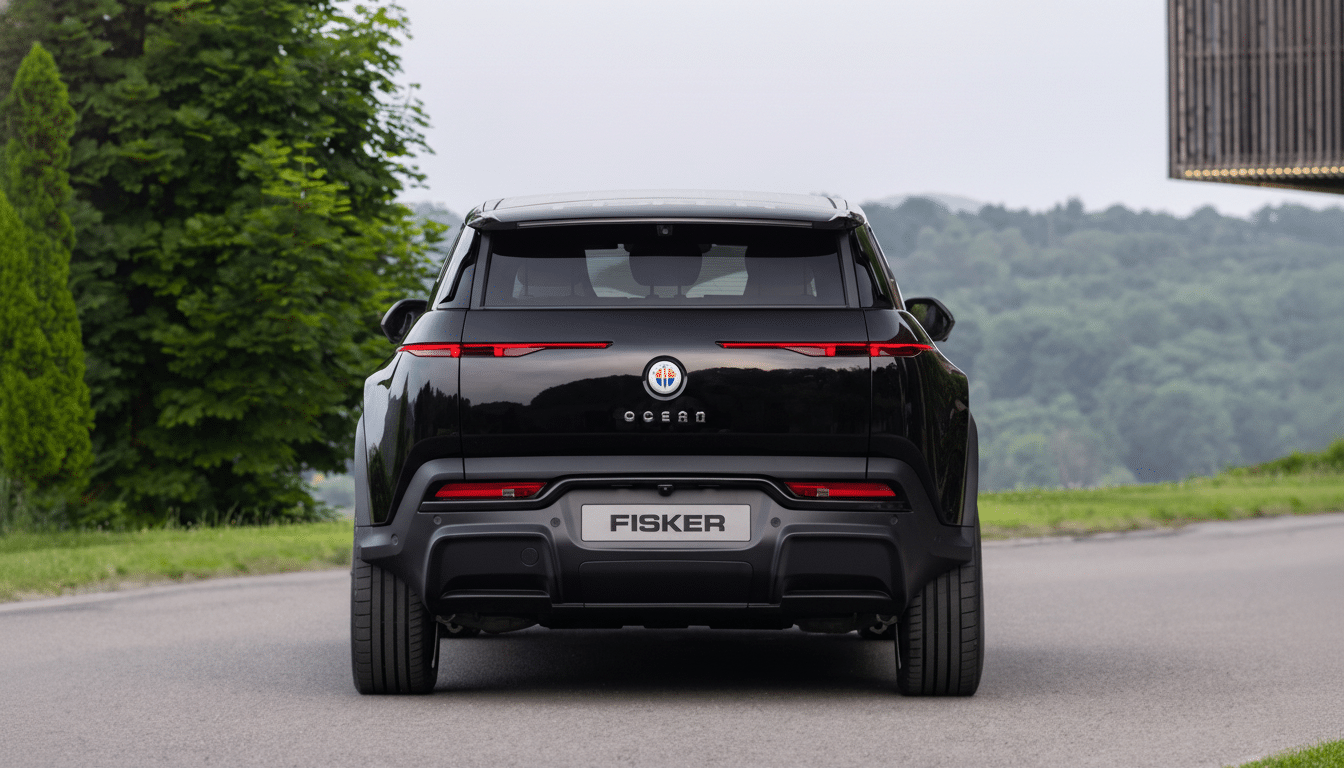 A black Fisker Ocean electric SUV is shown from the rear, parked on an asphalt road with green trees and hills in the background.