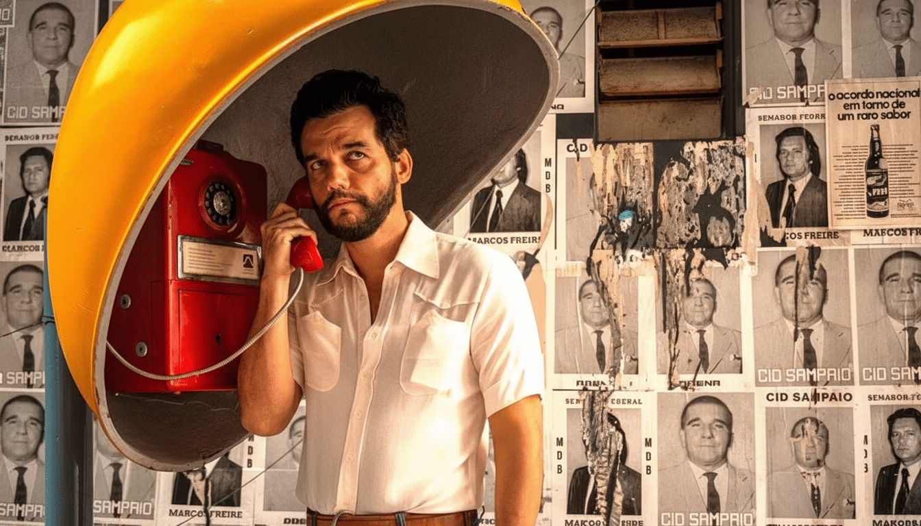 A man with a beard and a white shirt is talking on a red payphone, looking up with a concerned expression. He is standing in front of a wall covered with political posters featuring men in suits.