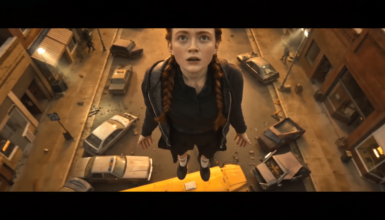 A young woman with braided hair floats above a street filled with overturned cars and debris, looking up with a surprised expression.