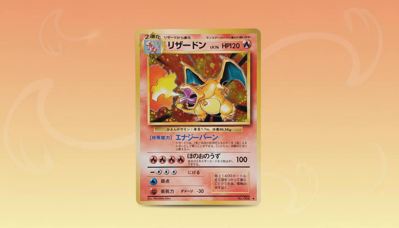 A Japanese Charizard Pokémon card, professionally enhanced and resized to a 16:9 aspect ratio, set against a soft, gradient background.