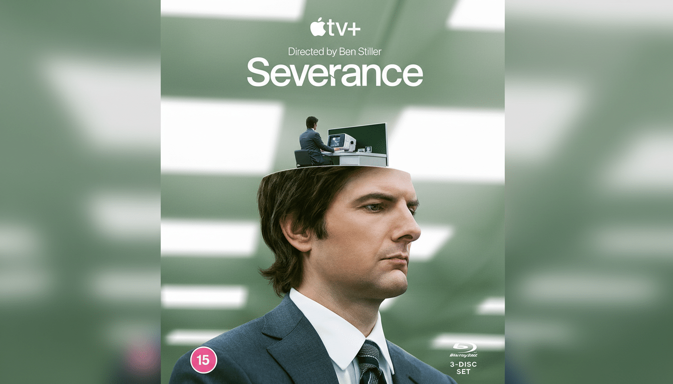 The Severance Blu-ray cover, featuring a man in a suit with the top of his head removed, revealing a miniature office scene inside, resized to a 16:9 aspect ratio with a blurred background.