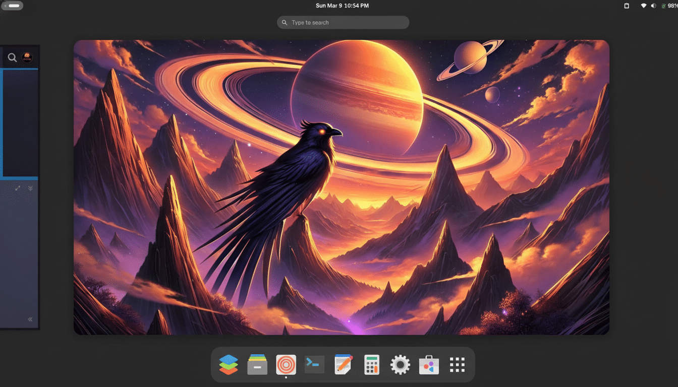 A desktop screenshot showing a wallpaper of a raven perched on a mountain with a ringed planet in the background, resized to a 16:9 aspect ratio.