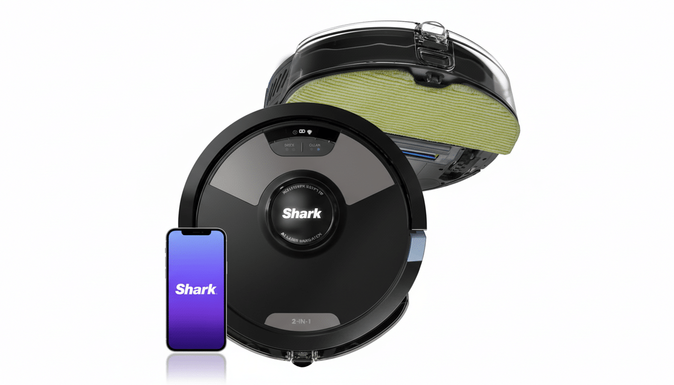 A Shark AI Laser Navigation 2-in-1 robot vacuum and mop, with a smartphone displaying the Shark app, presented on a clean white background.