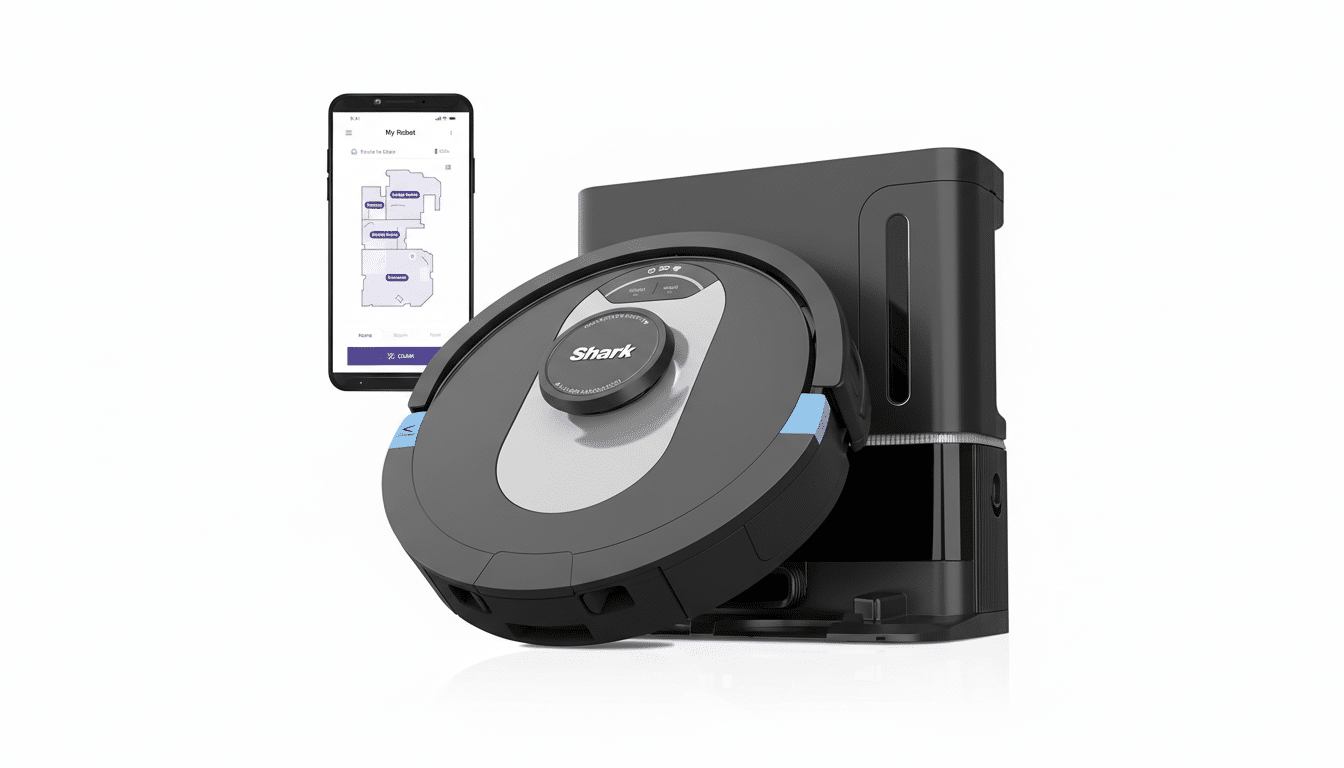 A Shark robot vacuum cleaner and its charging dock are displayed alongside a smartphone showing the vacuums control app.