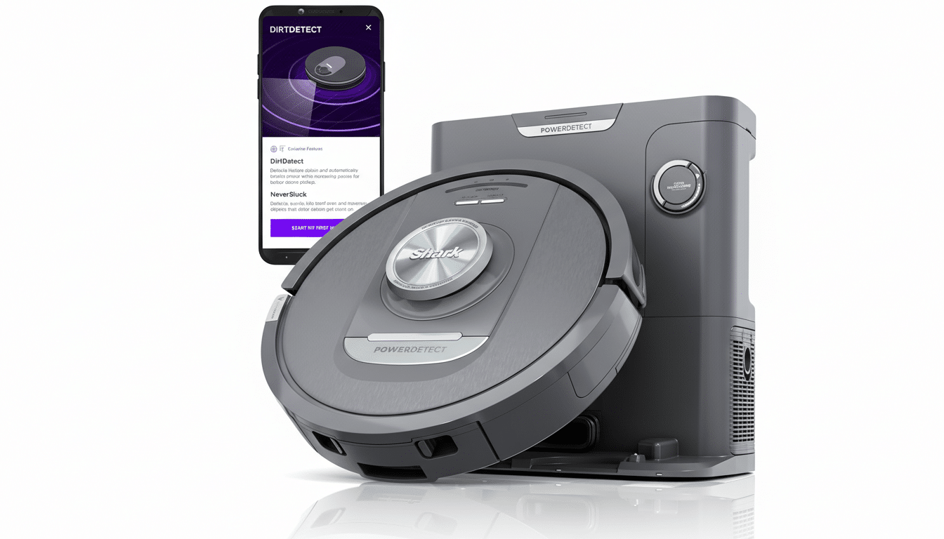 A Shark PowerDetect robot vacuum and its charging dock, with a smartphone displaying the DirtDetect app interface in the background.