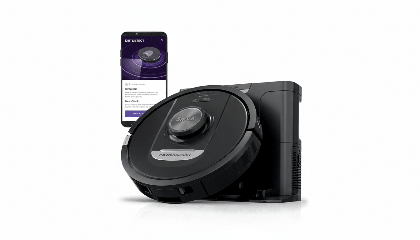 A black Shark PowerDetect robot vacuum with its charging dock, next to a smartphone displaying the DirtDetect app interface.