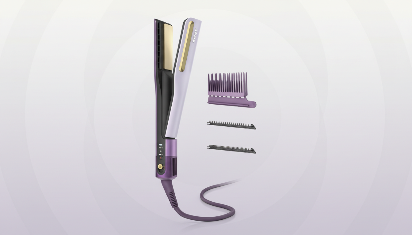 A Shark brand hair straightener in purple and gold, with three interchangeable comb attachments, presented on a professional light gray background with subtle circular patterns.