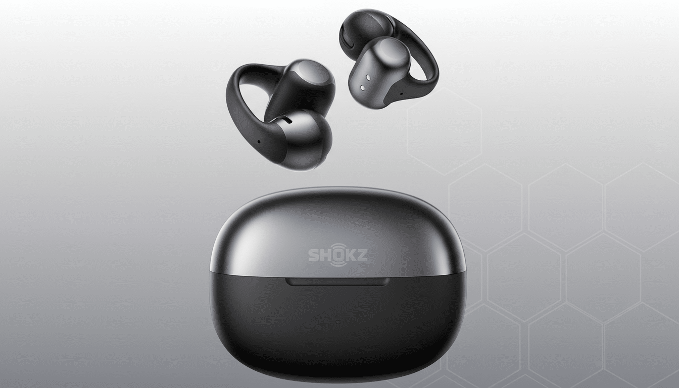 A pair of black Shokz earbuds floating above their matching charging case, set against a professional gray background with subtle hexagonal patterns.