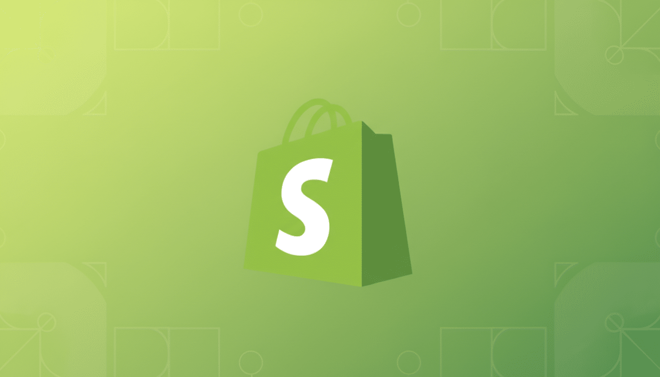 The Shopify logo, a green shopping bag with a white S on it, centered on a professional flat design background with soft green gradients and subtle geometric patterns.