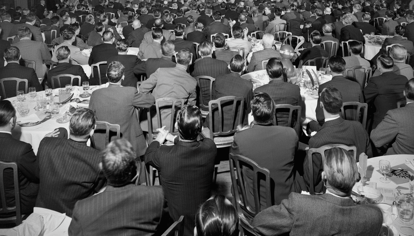 A black and white, high-angle shot of a large group of men in suits seated at tables, seen from behind, in a formal setting.