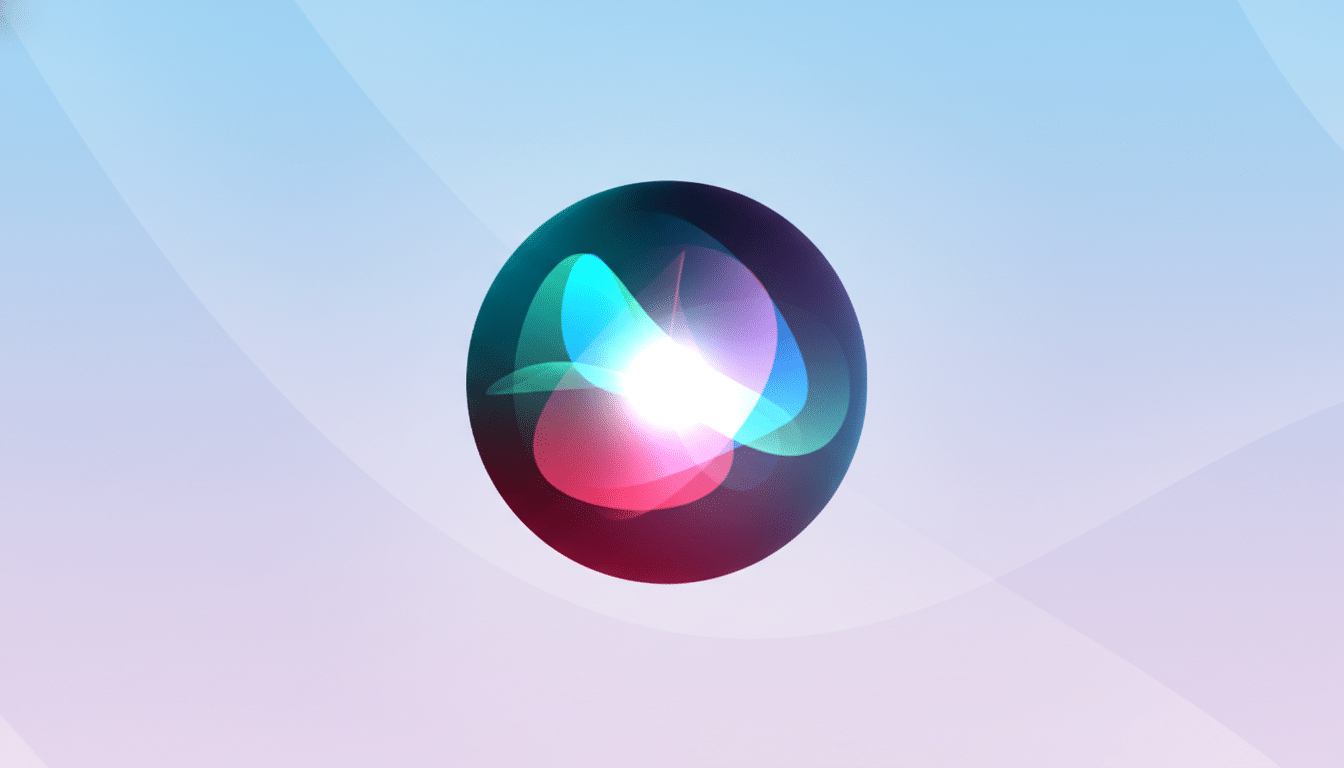 The Siri icon, a glowing orb of blue, pink, and white light, centered on a professional flat design background with soft blue and pink gradients and subtle wave patterns.