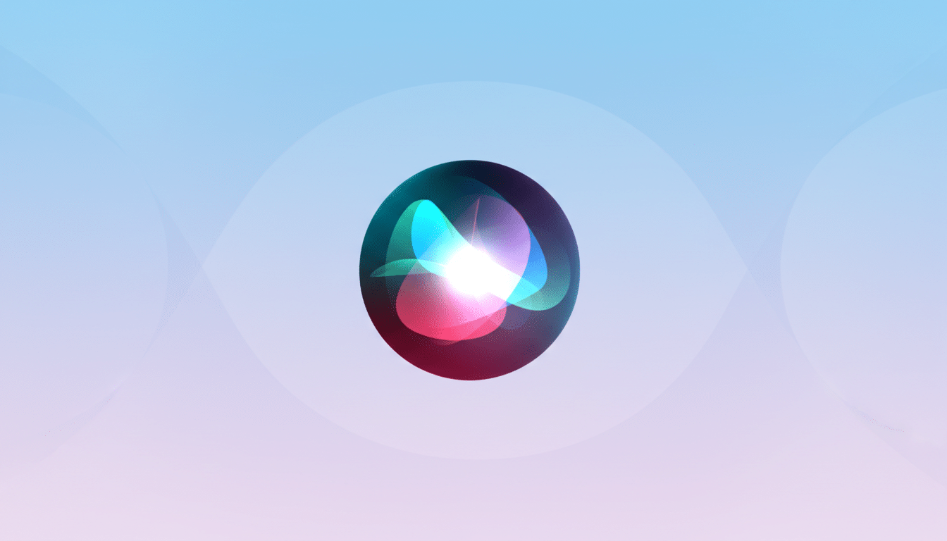 The Siri icon, a glowing, multi-colored orb with swirling light effects, centered on a professional flat design background with soft blue and pink gradients and subtle wave patterns.