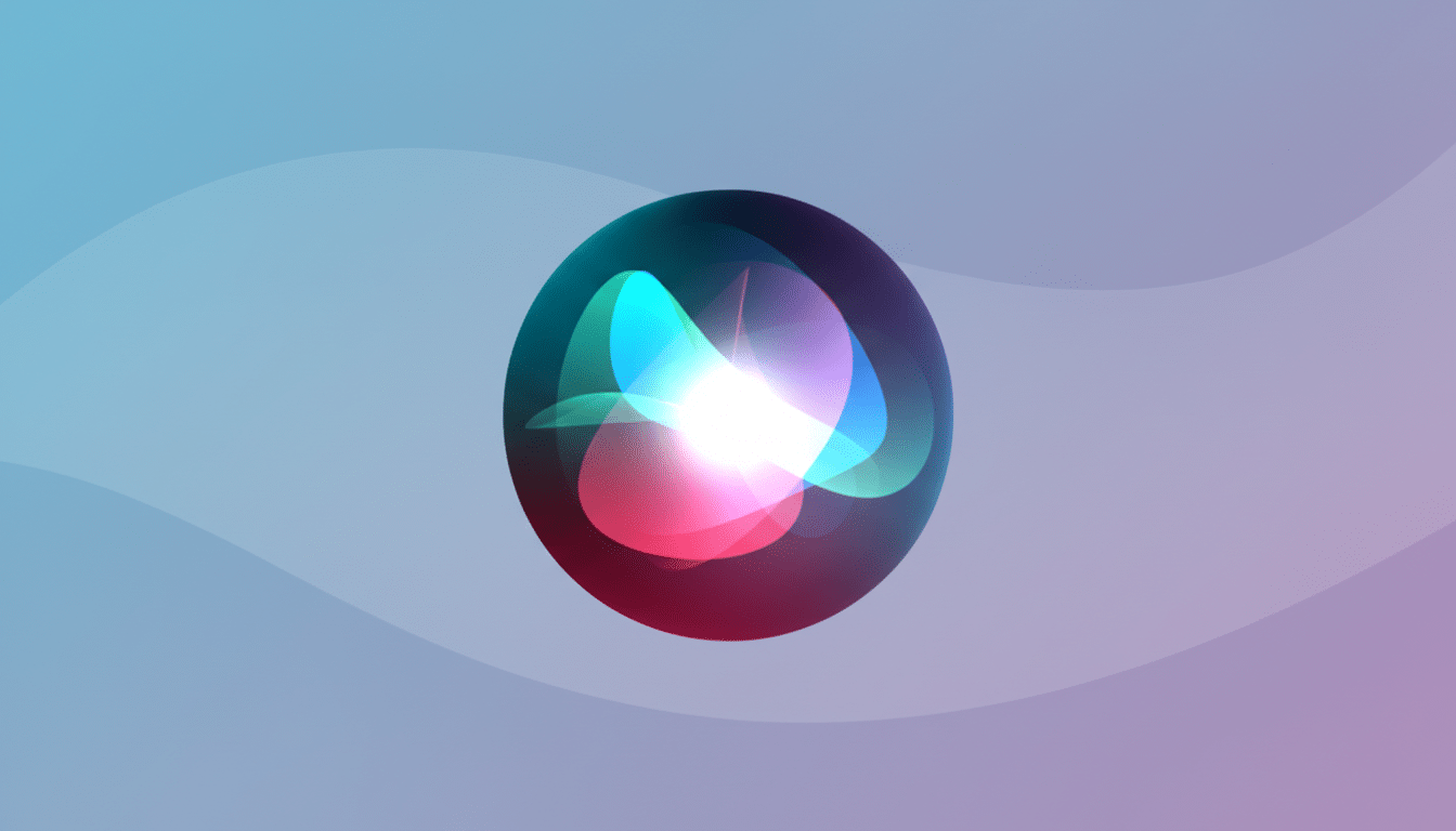The Siri icon, a glowing orb of blue, pink, and white light, centered on a professional flat design background with soft blue and purple gradients and subtle wave patterns.