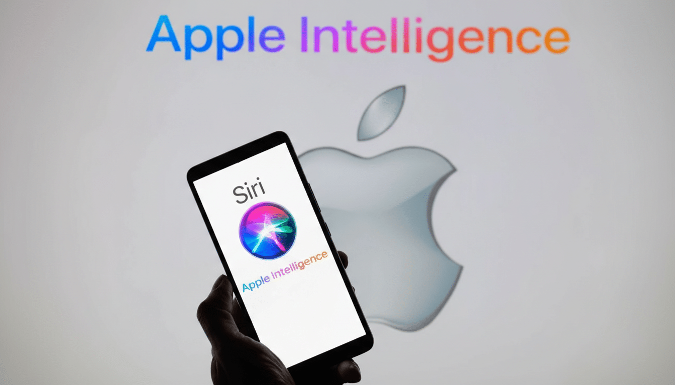 A hand holding an iPhone displaying Siri and Apple Intelligence on its screen, with the Apple logo and Apple Intelligence text in rainbow colors in the background.