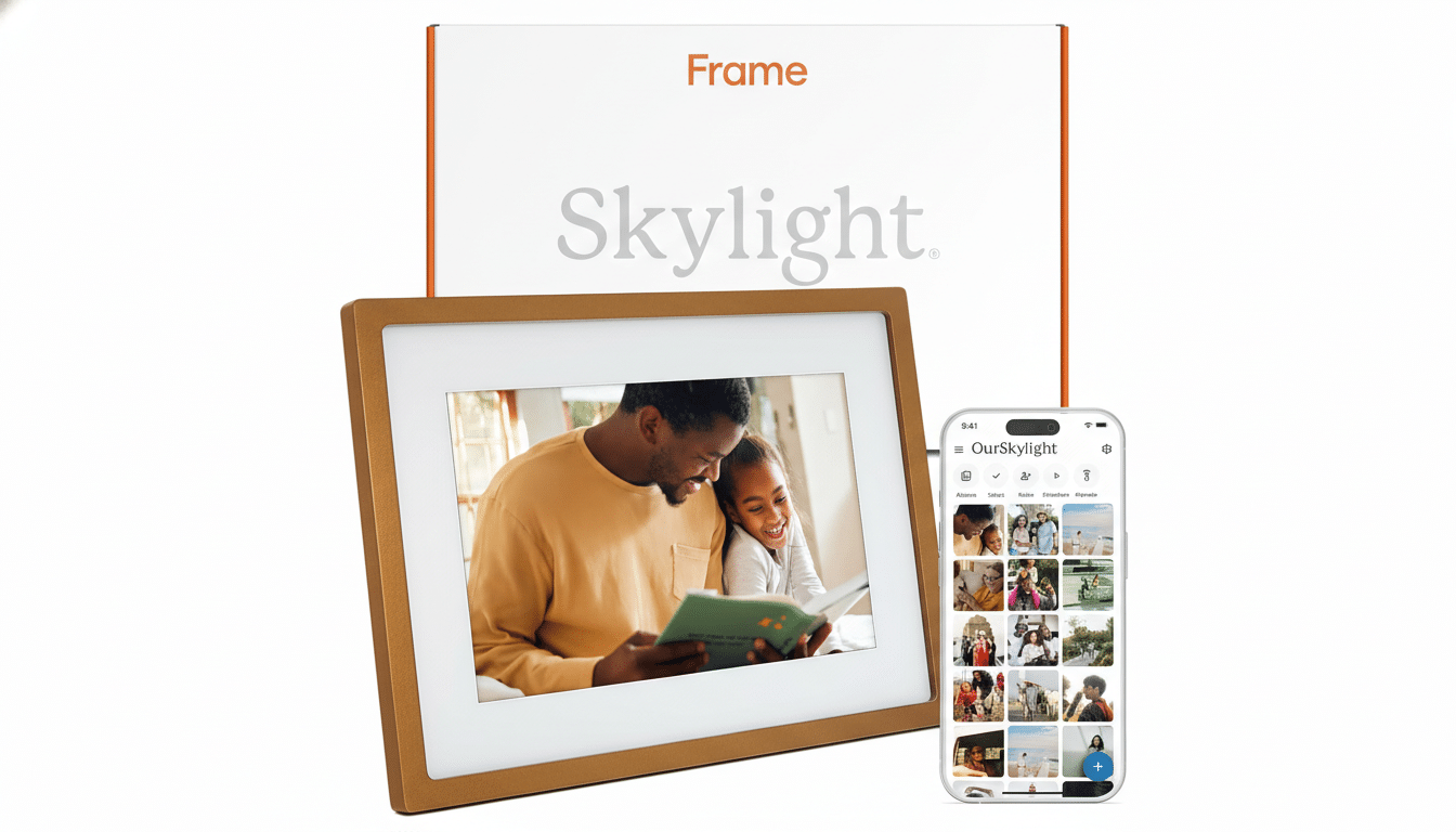 A Skylight Frame digital photo frame displaying a picture of a man and a child reading a book, with a smartphone showing the Skylight app interface, and the Skylight Frame product box in the background.