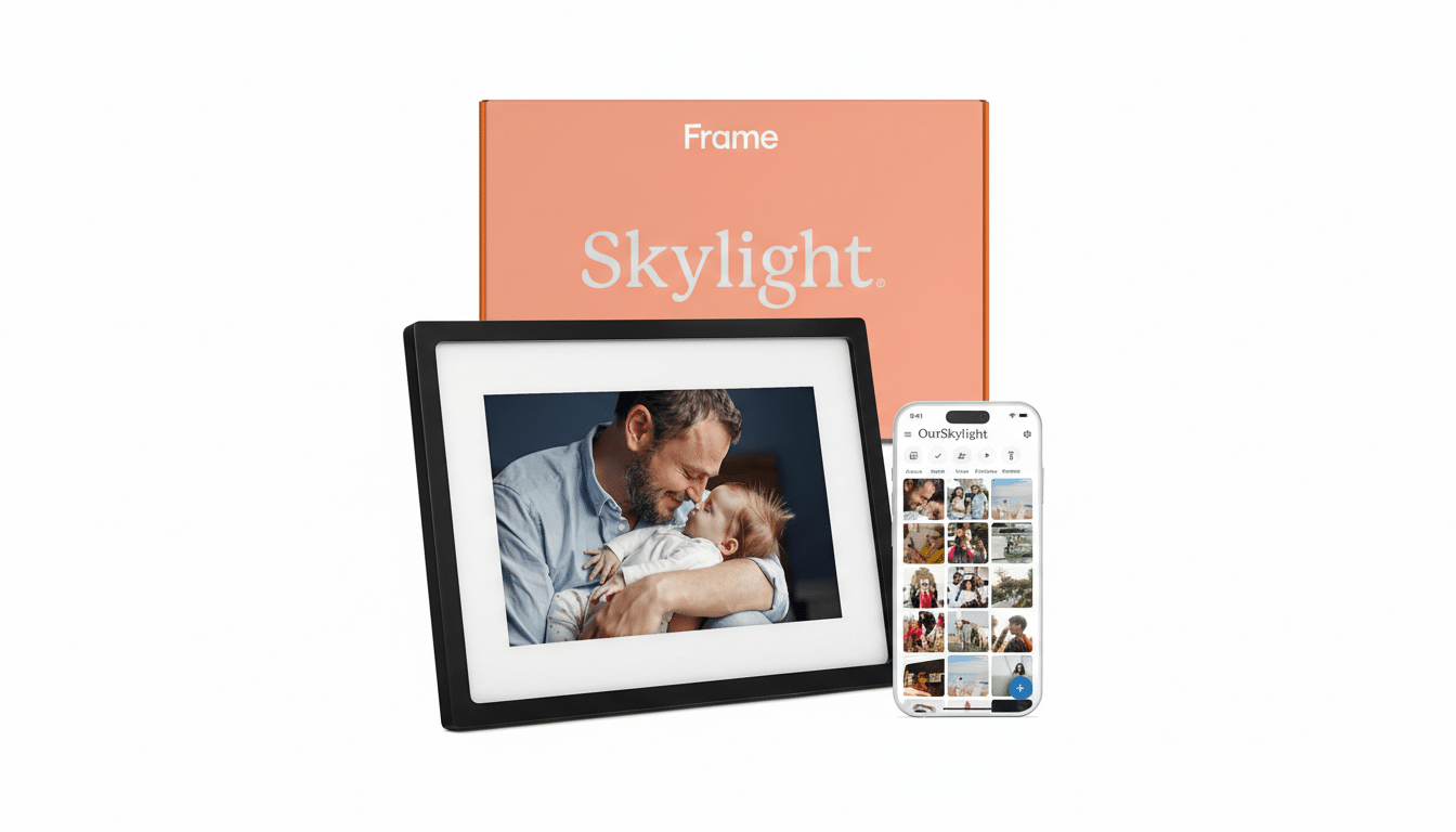 A Skylight Frame digital photo frame displaying a picture of a man holding a baby, with a smartphone showing the Skylight app interface, and the Skylight Frame product box in the background.