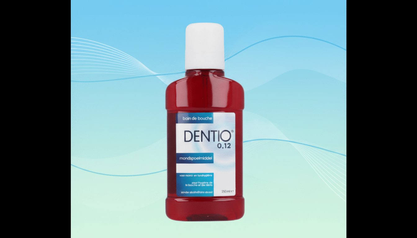 A bottle of Dentio 0.12 mouthwash with a red liquid and a white cap, set against a professional flat design background with soft blue and green gradients and subtle wave patterns.