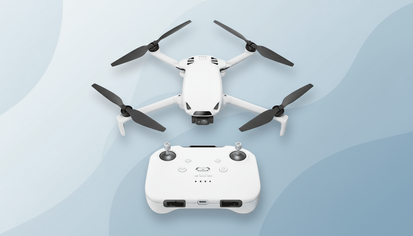 A white drone with black propellers and its matching white remote control are displayed on a professional light blue and white gradient background with subtle wave patterns.