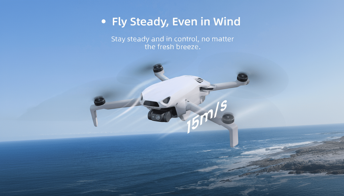 A white drone with a 4K camera flying steadily above a blue ocean with a rocky coastline under a clear sky. Text on the image reads Fly Steady, Even in Wind and Stay steady and in control, no matter the fresh breeze. The number 15m/s is also visible, indicating speed.