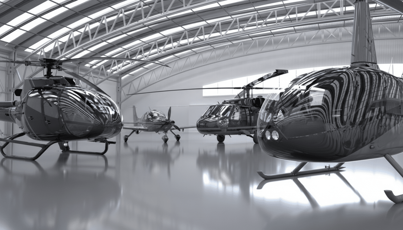 A professional image of two helicopters and a small propeller plane inside a spacious, modern hangar with a metallic arched roof.