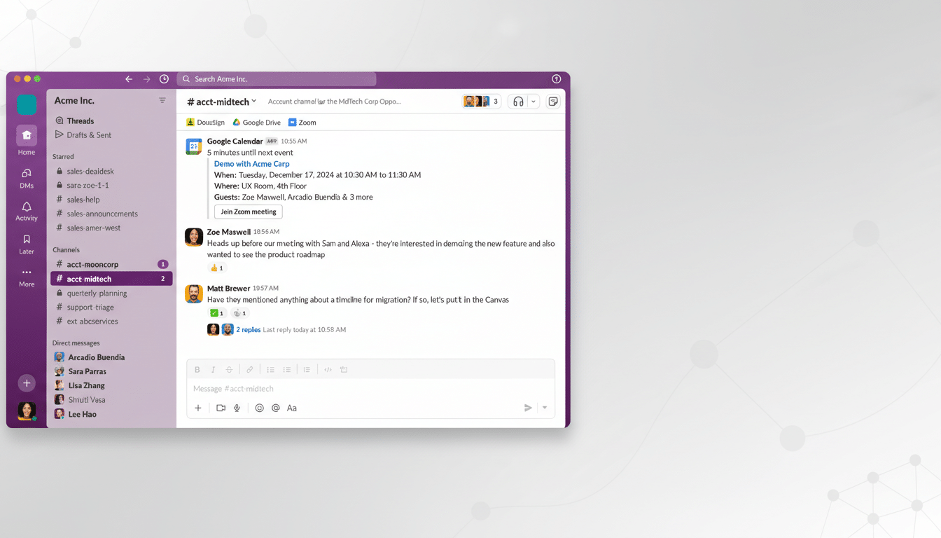 A screenshot of the Slack application interface, resized to a 16:9 aspect ratio. The Slack window is centered on a professional flat design background with soft, subtle patterns. The content within the Slack window, including channels, direct messages, and a conversation with a Google Calendar event notification, remains unchanged.