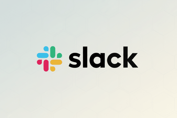 The Slack logo, featuring a colorful hashtag icon and the word slack in black lowercase letters, presented on a professional light gray background with a subtle hexagonal pattern.
