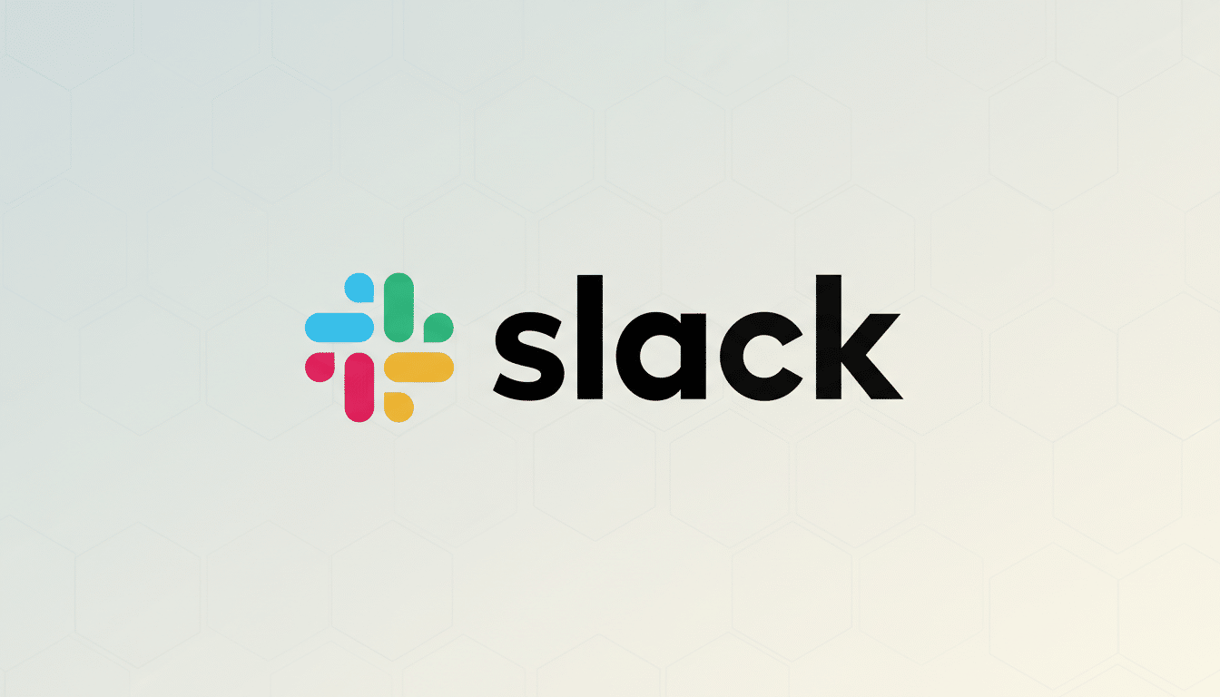 The Slack logo, featuring a colorful hashtag icon and the word slack in black lowercase letters, presented on a professional light gray background with a subtle hexagonal pattern.