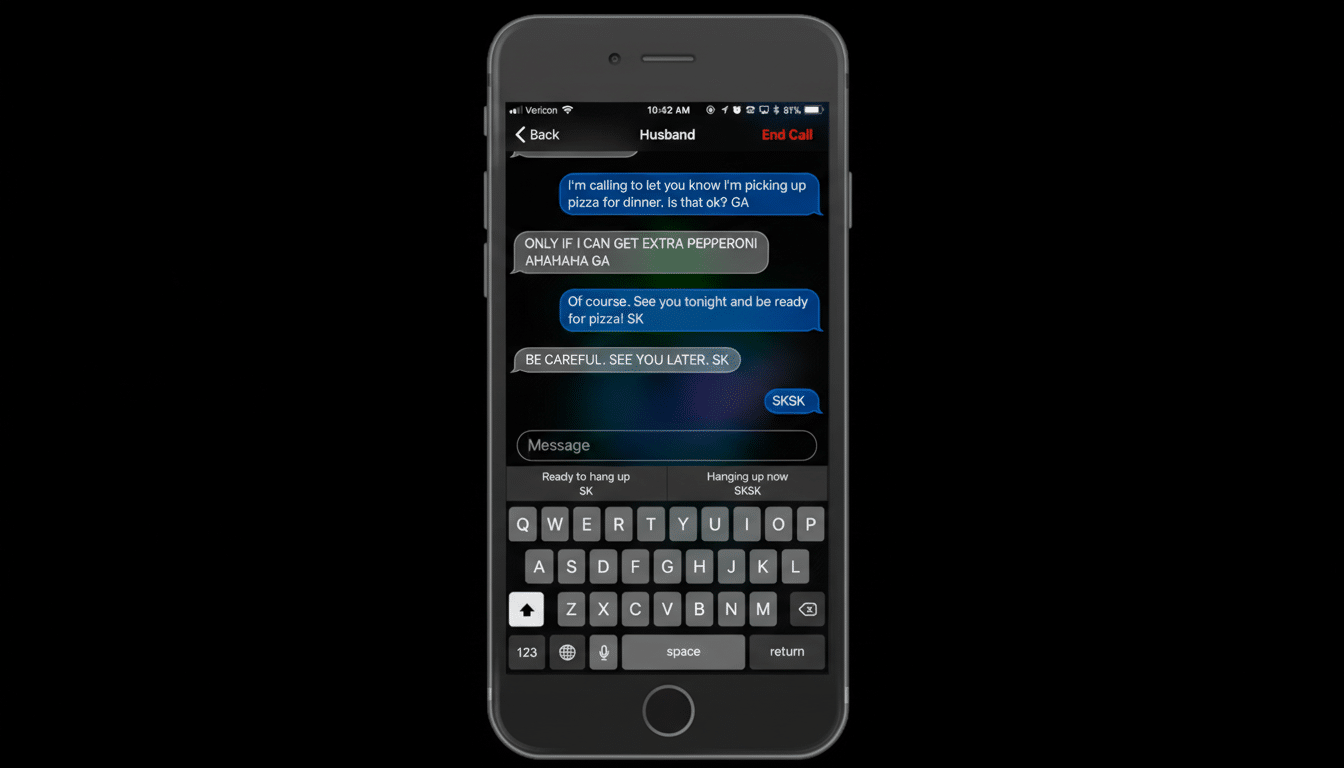 A smartphone displaying a text message conversation between Husband and another person, with messages about picking up pizza for dinner. The phone is centered on a plain black background.