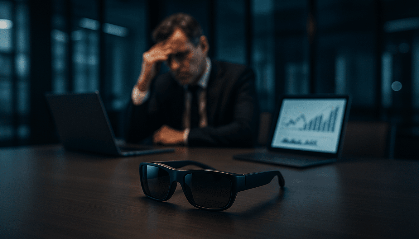 A pair of black smart glasses resting on a dark wooden table in the foreground, with a blurred image of a man in a suit holding his head in the background, next to two laptops displaying graphs.