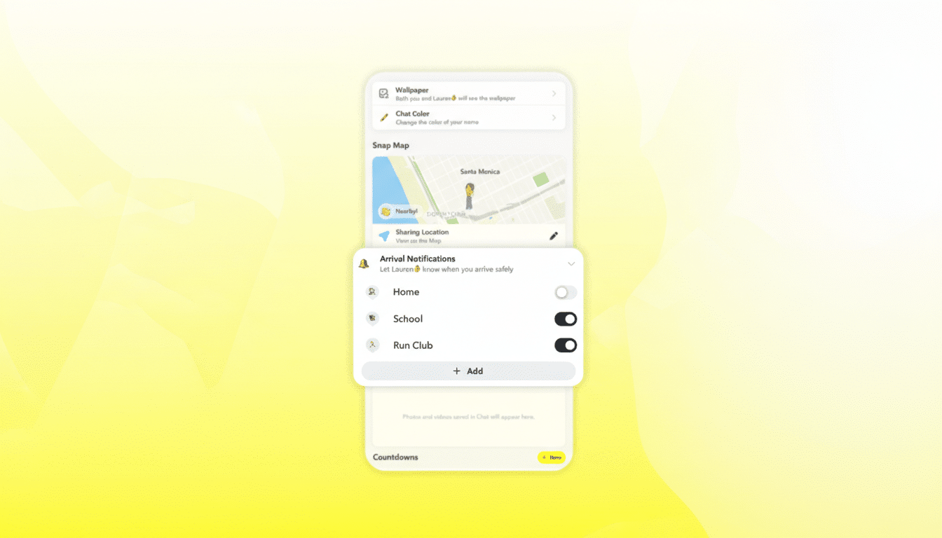 A mobile phone screen displaying Snapchats arrival notifications feature, with options for Home, School, and Run Club. The background is a professional flat design with a soft yellow gradient.