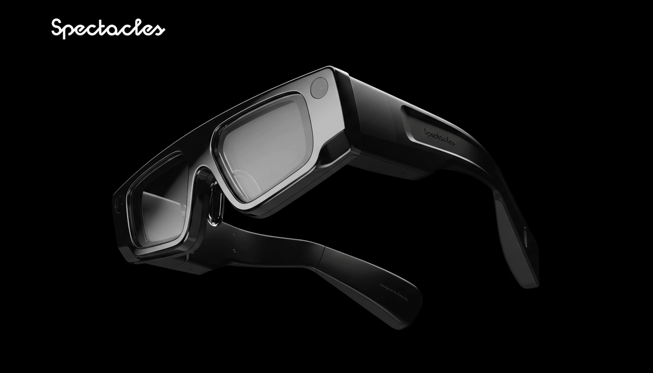 A pair of black Spectacles smart glasses with a sleek design, presented against a dark background.