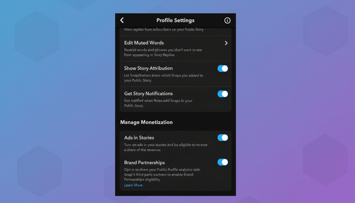 A screenshot of Snapchats Profile Settings, resized to a 16:9 aspect ratio, showing options for managing muted words, story attribution, story notifications, and monetization settings like Ads in Stories and Brand Partnerships. The original screenshot is placed on a professional flat design background with soft patterns and gradients.