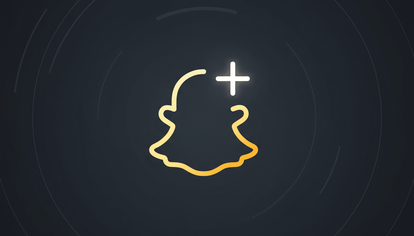 A professional 16:9 image featuring the Snapchat ghost icon with a plus sign, set against a dark grey background with subtle circular patterns.