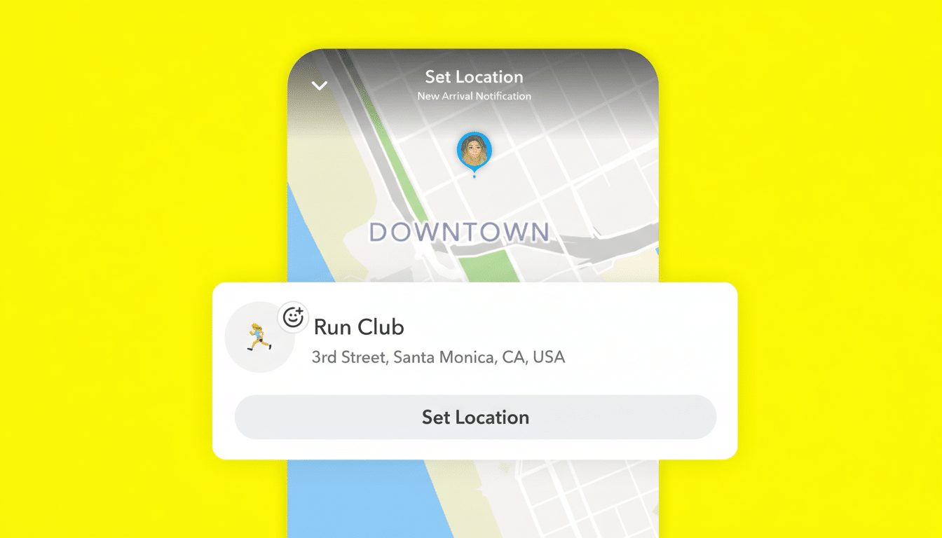 A Snapchat interface showing a map with a location pin on Downtown and a Run Club notification with a Set Location button.