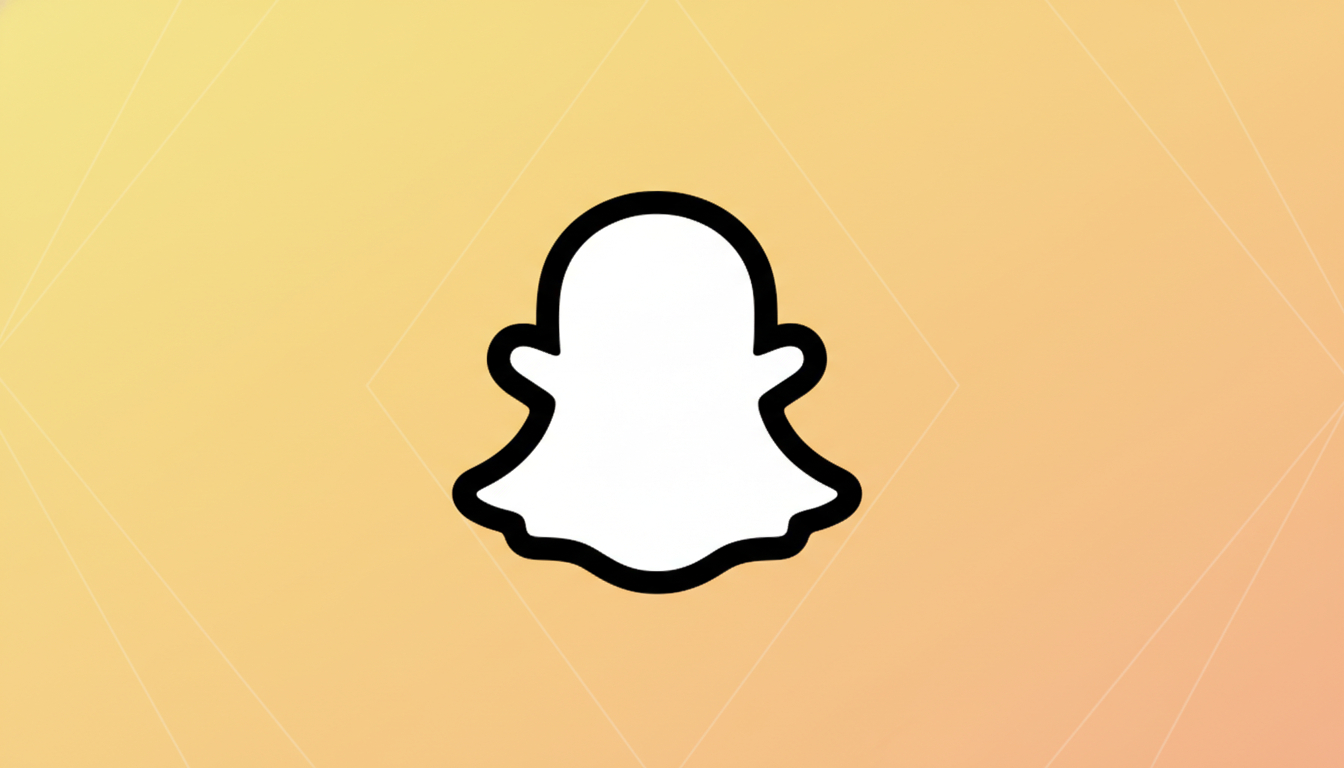 The Snapchat ghost logo, white with a black outline, centered on a professional flat design background with a soft orange and yellow gradient and subtle geometric patterns.