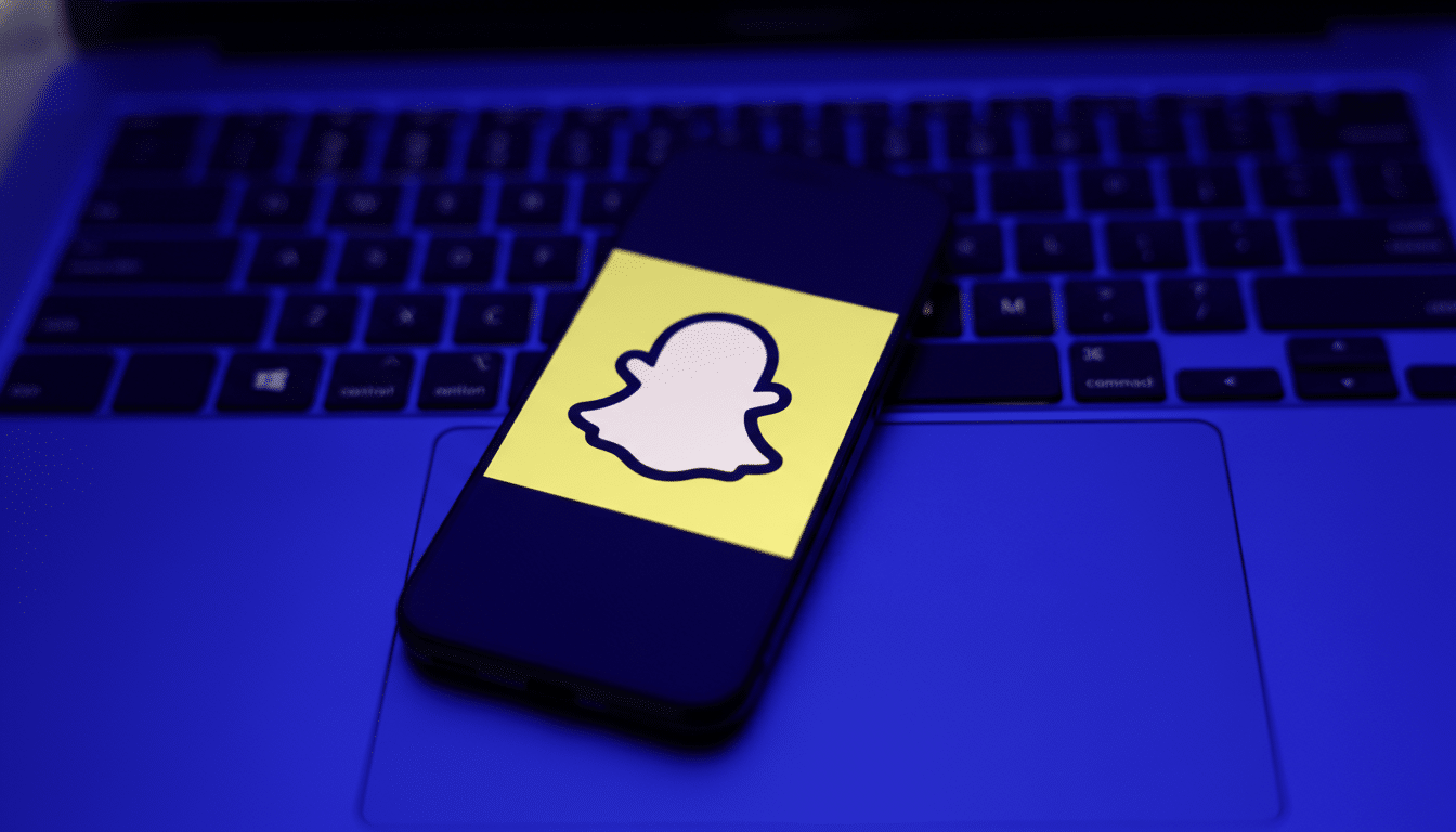 A smartphone displaying the Snapchat ghost logo on a yellow background, resting on a blue-lit laptop keyboard.