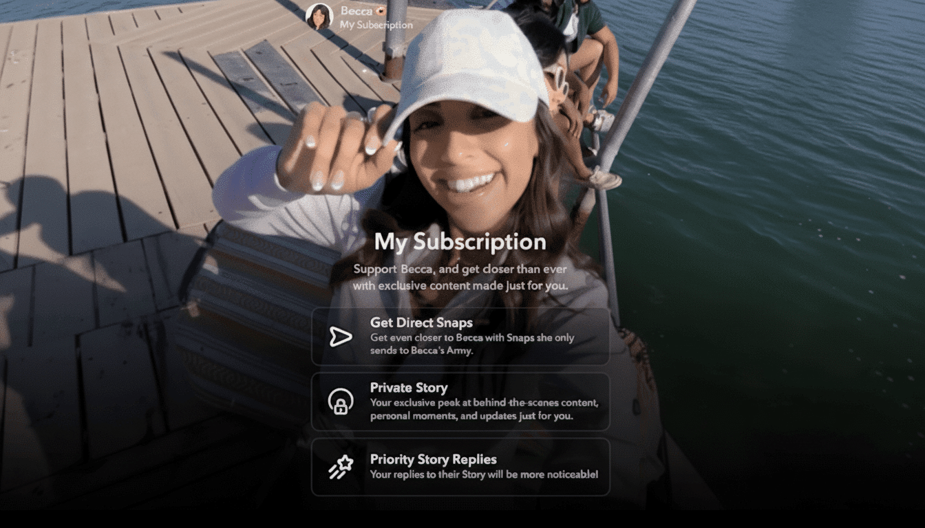 A woman in a white cap smiling, with a My Subscription overlay on a Snapchat-like interface.