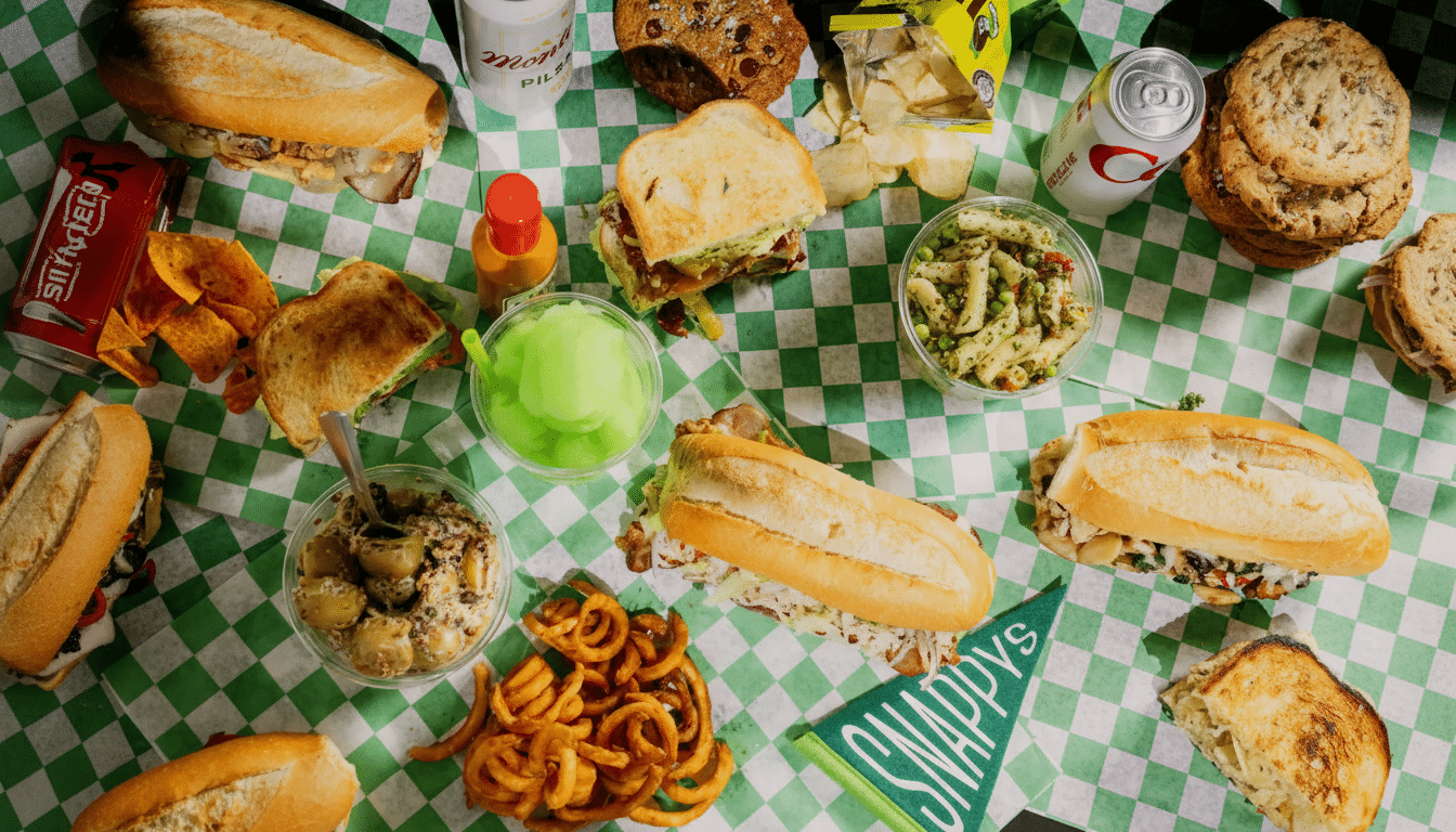 A top-down view of a picnic spread on a green and white checkered tablecloth, featuring various sandwiches, curly fries, pasta salad, cookies, chips, and beverages.