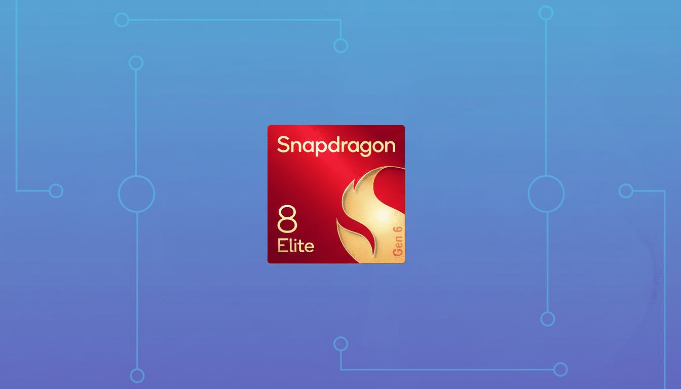 A red and gold Snapdragon 8 Elite Gen 6 logo centered on a light blue background with subtle circuit board patterns.
