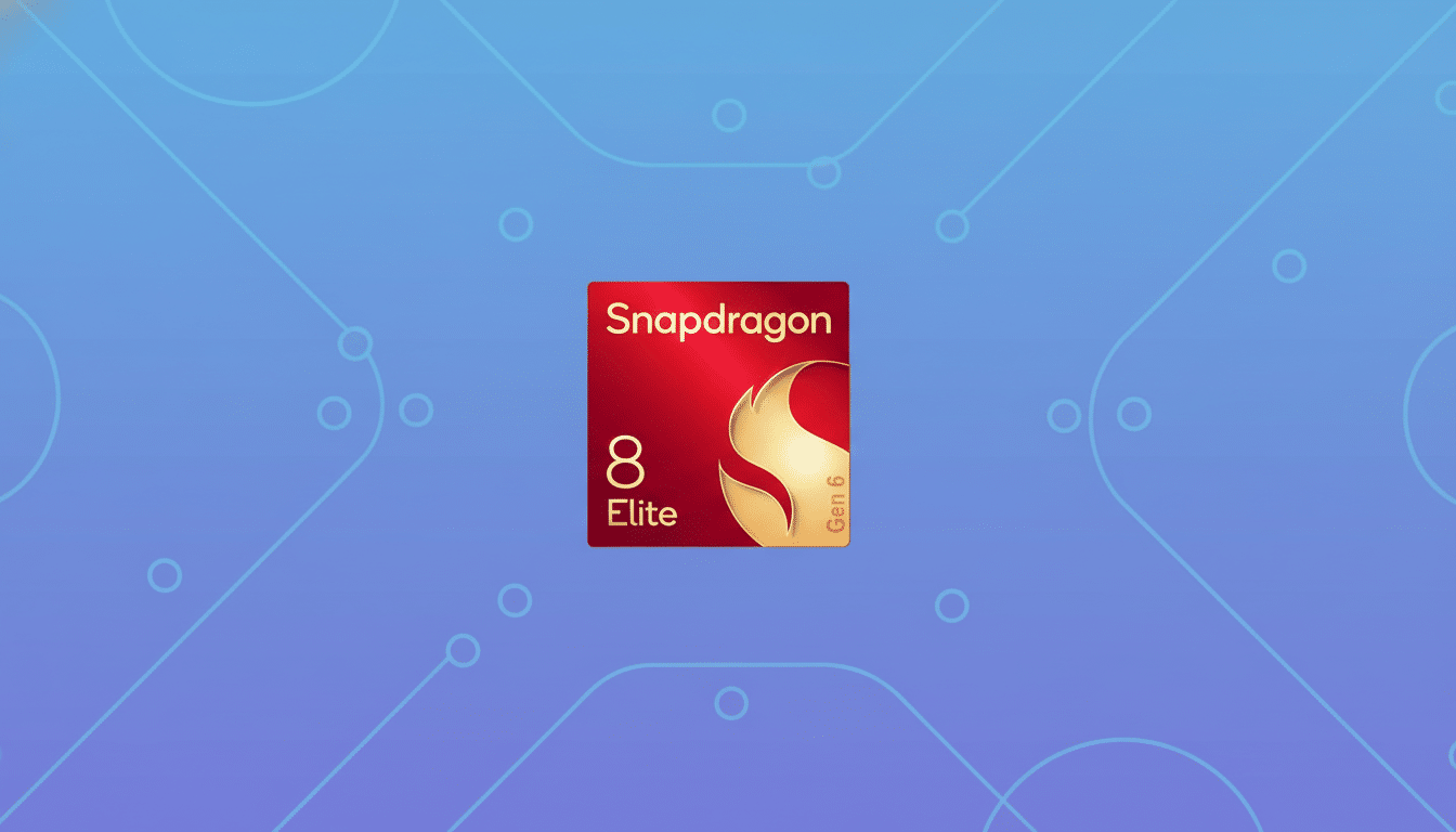 A red and gold Snapdragon 8 Elite Gen 6 logo centered on a light blue background with subtle circuit board patterns.