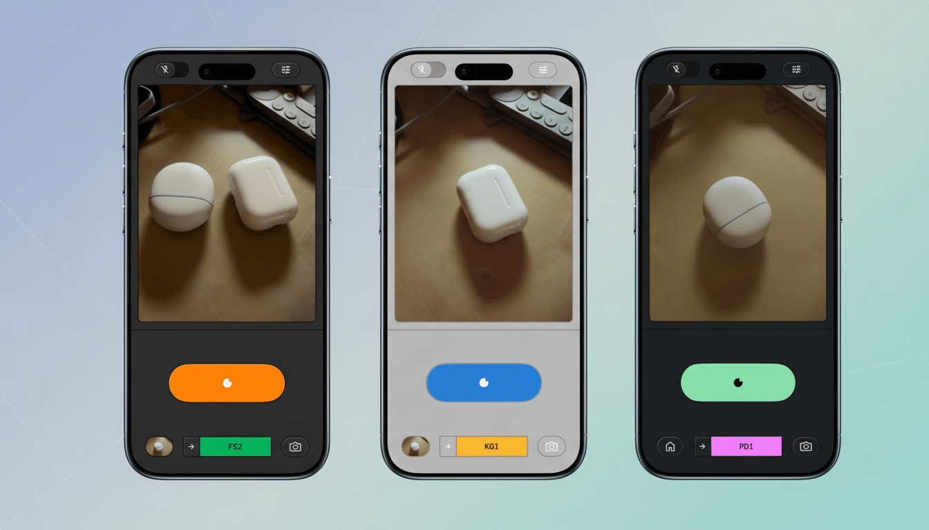 Three iPhone screens displaying different camera app interfaces, each showing a pair of white wireless earbuds on a brown surface. The background has been updated to a professional flat design with soft gradients.